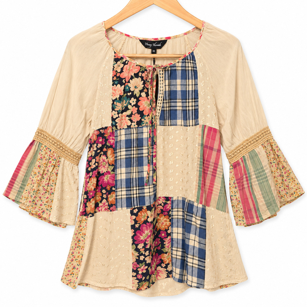Young Threads Patchwork Top Women XS Multicolor Floral Plaid Embroidery Boho NWT